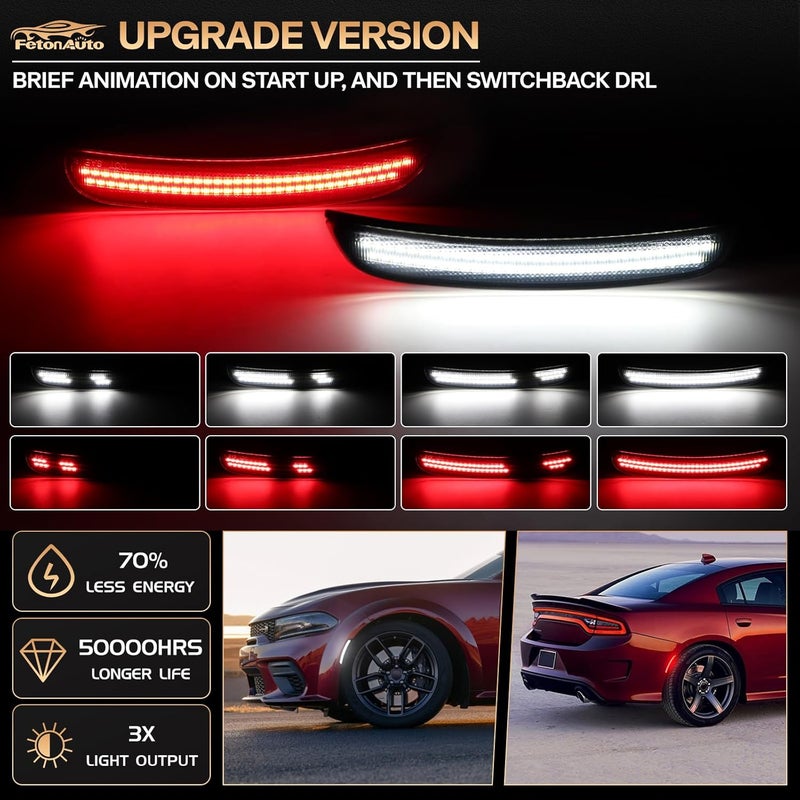 FetonAuto Dynamic Red White LED Side Marker Lights for Dodge Charger 2015 2016 2017 2018 2019 2020 2021 2022 2023 2024, Smoked Lens Front Rear Charger Bumper Reflector Lamp, 4PCS - Image 2